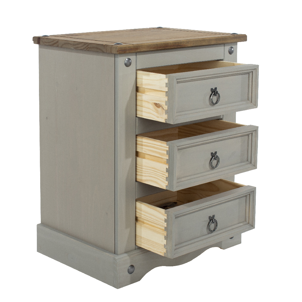 Consett Wooden Bedside Cabinet With 3 Drawers In Grey And Oak