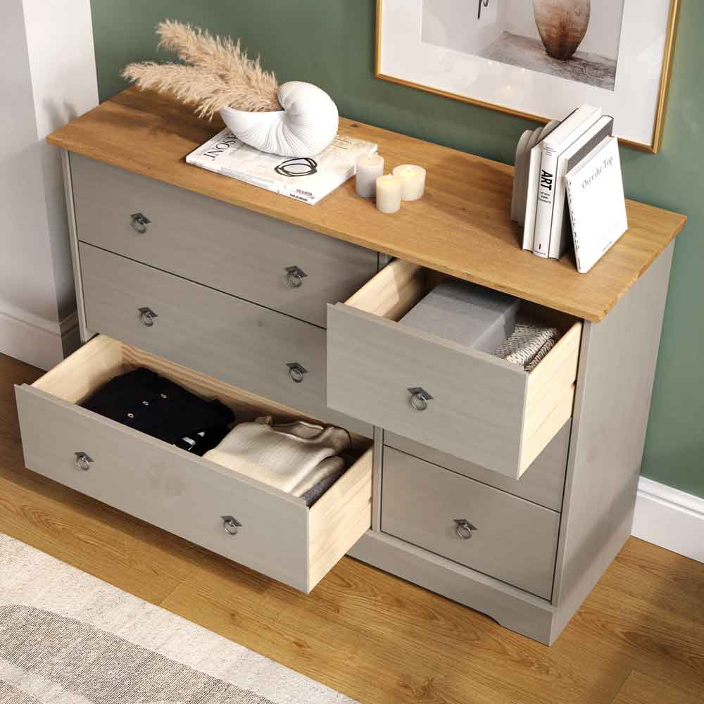 Consett Wooden Bedside Chest Of 6 Drawers - Grey And Oak