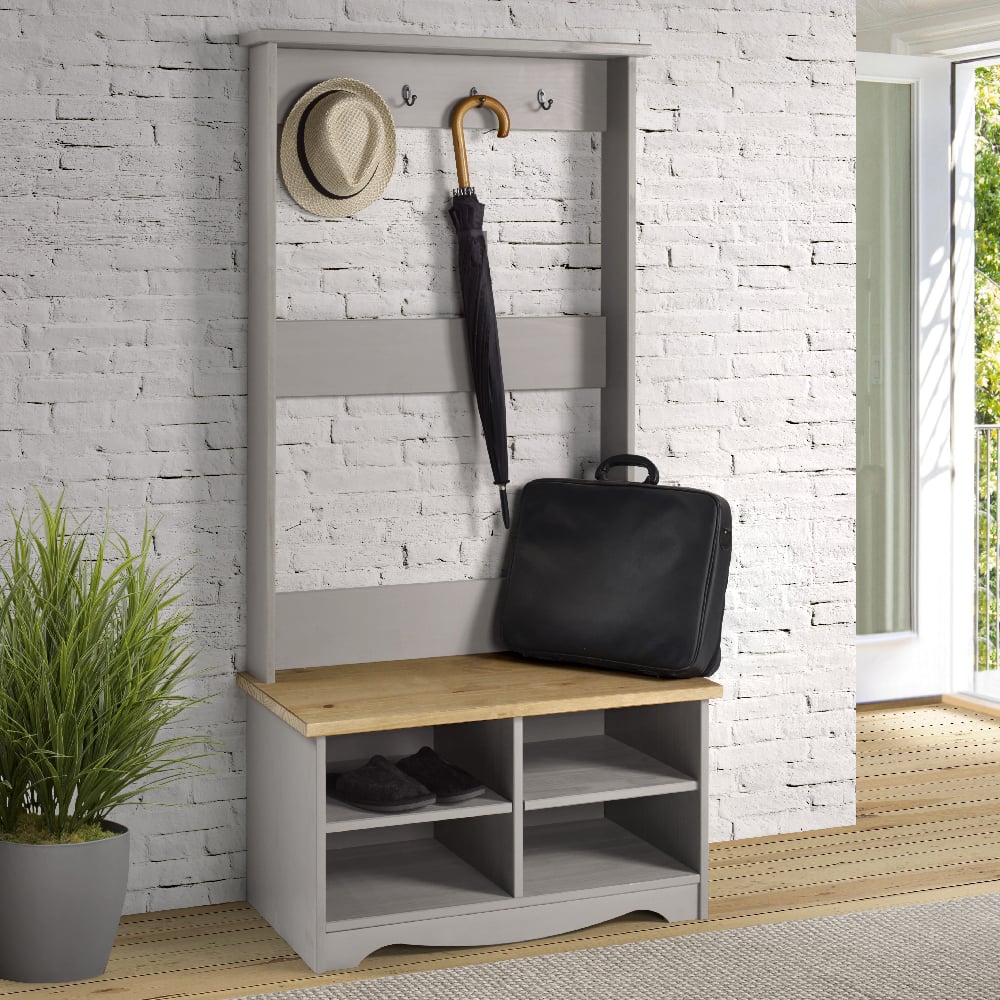 Product photograph of Consett Wooden Coat Rack With Shoe Bench In Grey And Oak from Furniture in Fashion