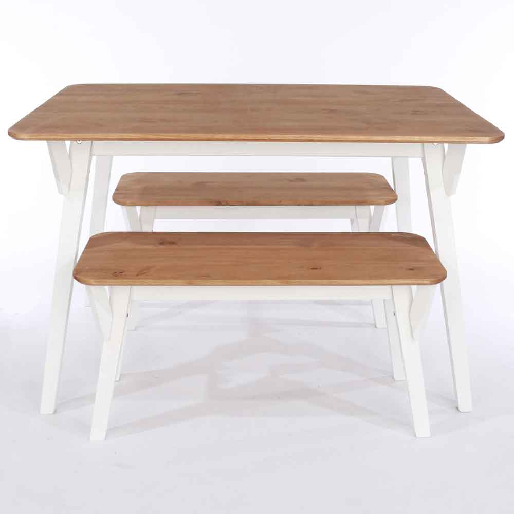 Consett Small Wooden Dining Table With 2 Benches - White And Oak