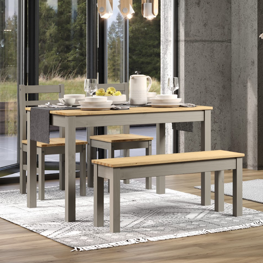 Consett Wooden Dining Table with 2 Chairs and 1 Bench in Grey and Oak
