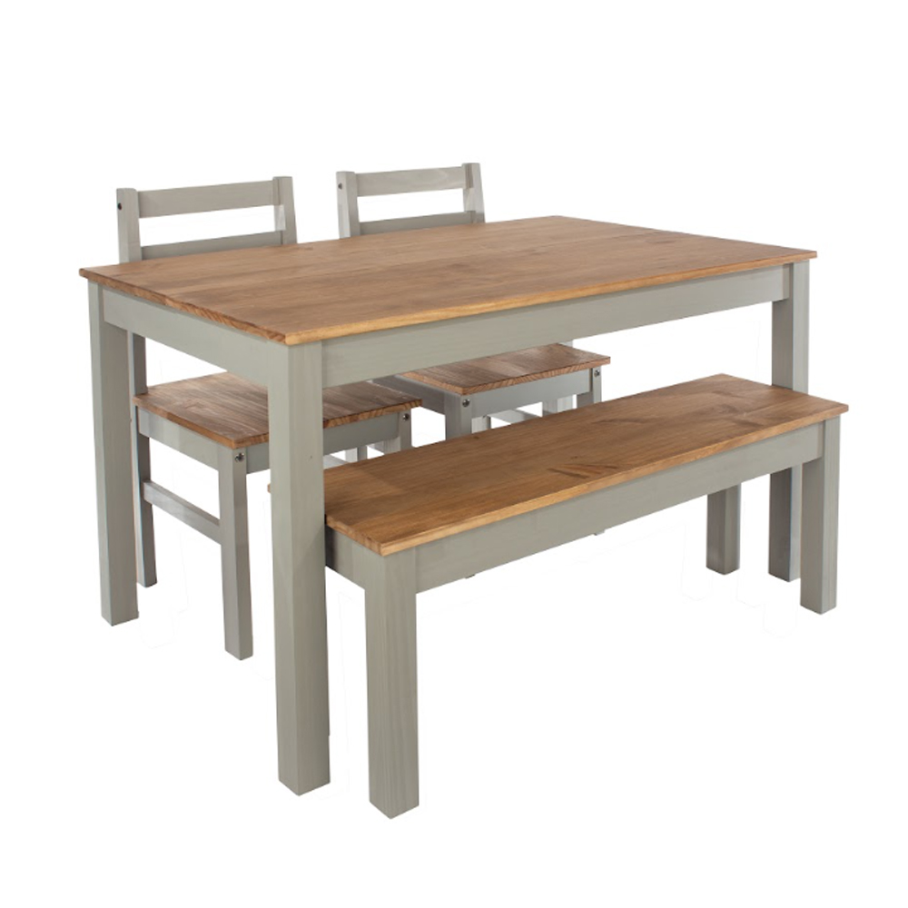 Consett Wooden Dining Table with 2 Chairs and 1 Bench in Grey and Oak