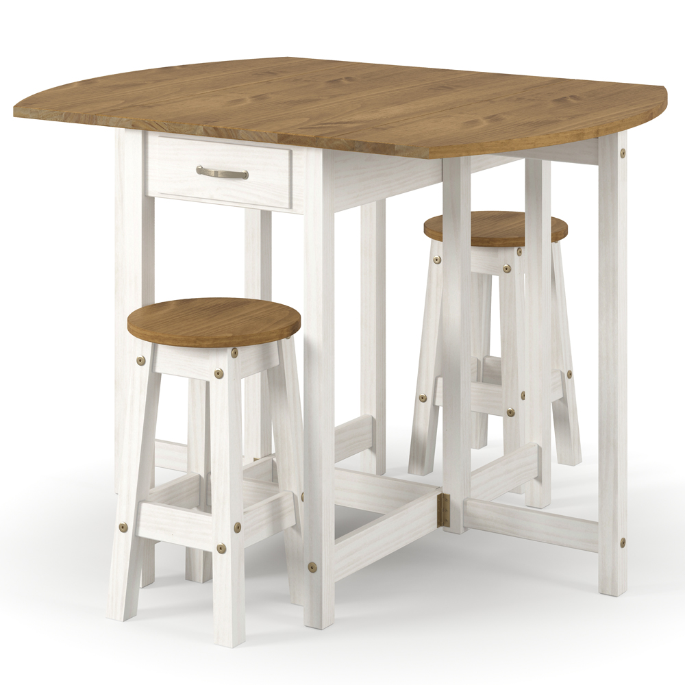 Consett Wooden Drop Leaf Bar Table With 2 Stools In White Oak