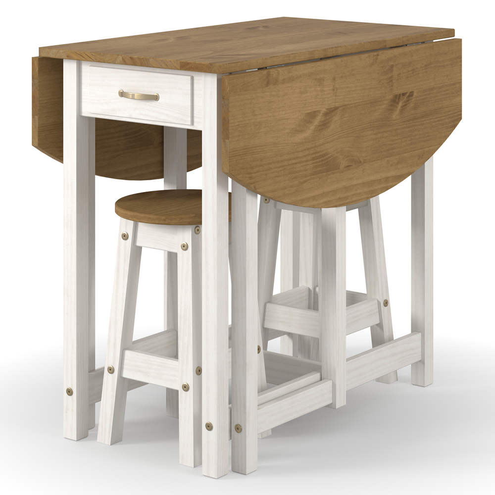 Consett Wooden Drop Leaf Bar Table With 2 Stools In White Oak