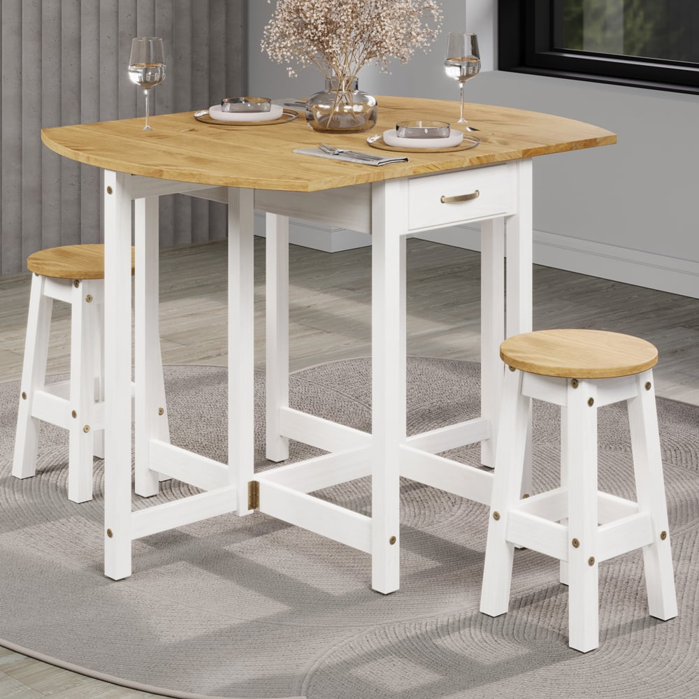 Consett Wooden Drop Leaf Bar Table With 2 Stools In White Oak