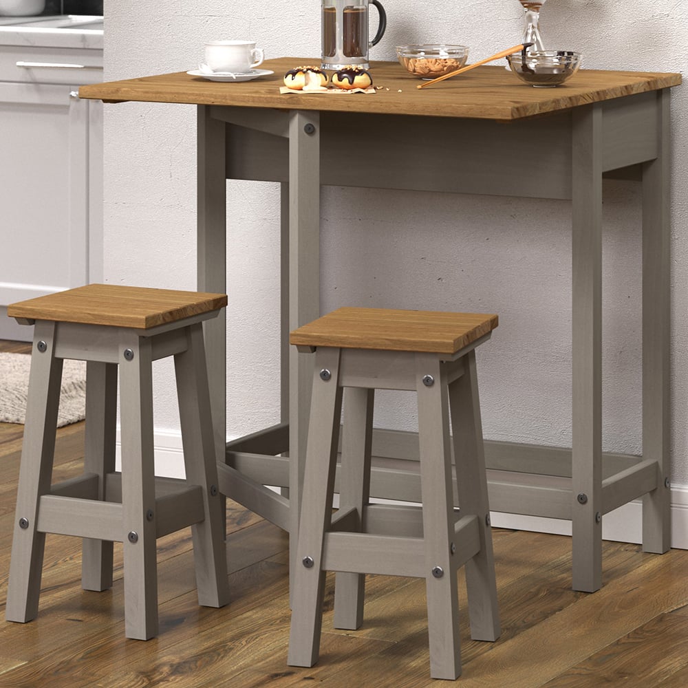 Consett Wooden Drop Leaf Breakfast Table 2 Low Stools In Grey Oak