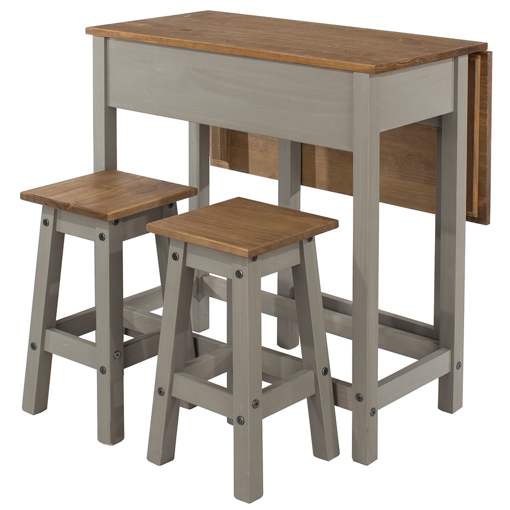 Consett Wooden Drop Leaf Breakfast Table 2 Low Stools In Grey Oak