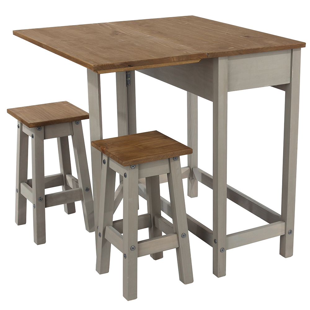 Consett Wooden Drop Leaf Breakfast Table 2 Low Stools In Grey Oak