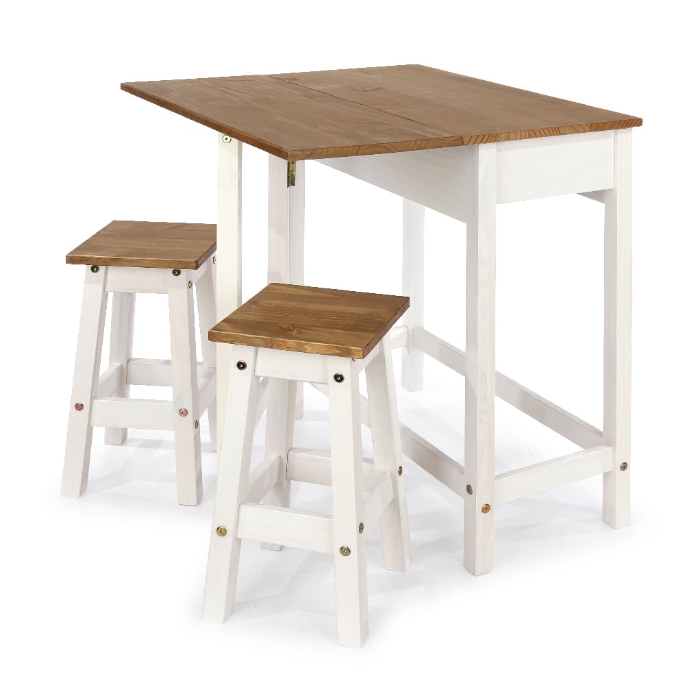 Consett Wooden Drop Leaf Dining Table With 2 Stools In White Oak