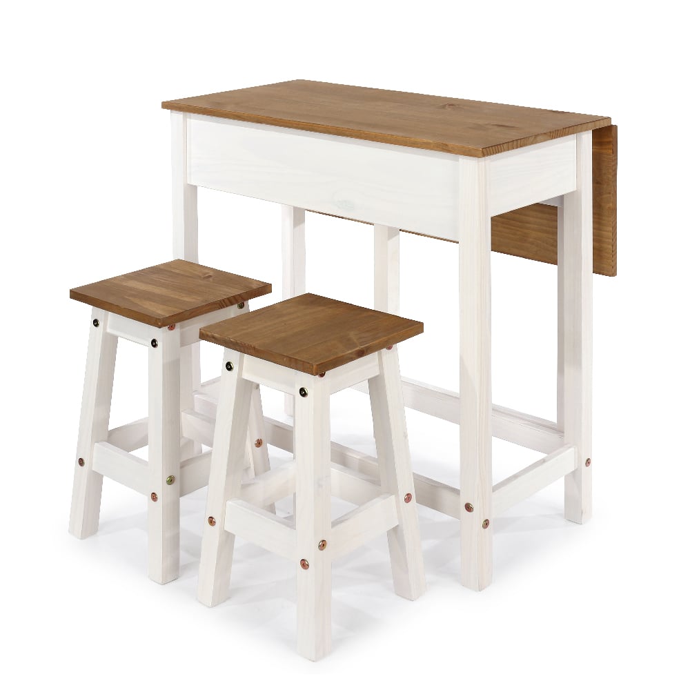 Consett Wooden Drop Leaf Dining Table With 2 Stools In White Oak