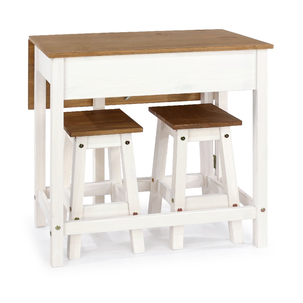 Consett Wooden Drop Leaf Dining Table With 2 Stools In White Oak