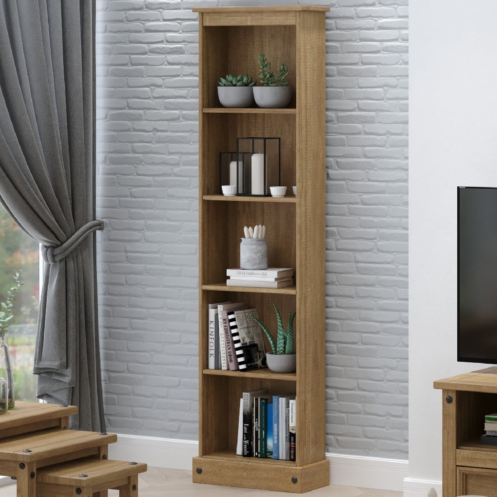 Read more about Consett wooden narrow bookcase with 5 shelves in oak