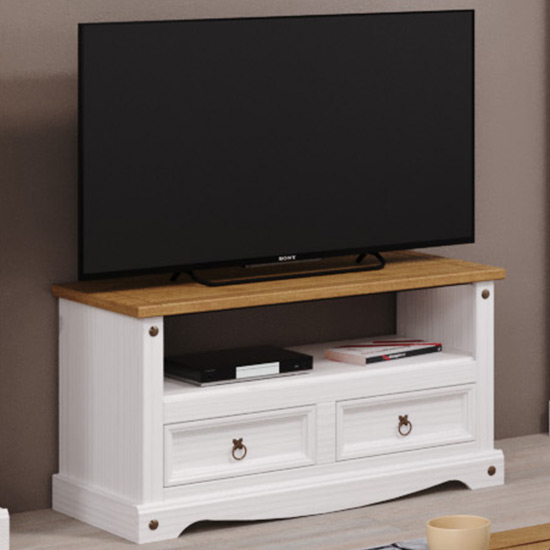 Product photograph of Consett Wooden Tv Stand With 2 Drawers 1 Shelf In White from Furniture in Fashion