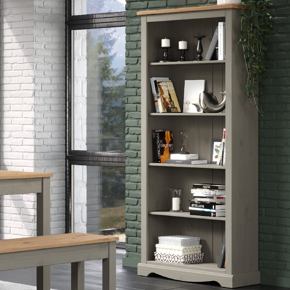 Read more about Consett wooden wide bookcase with 5 shelves in grey and oak