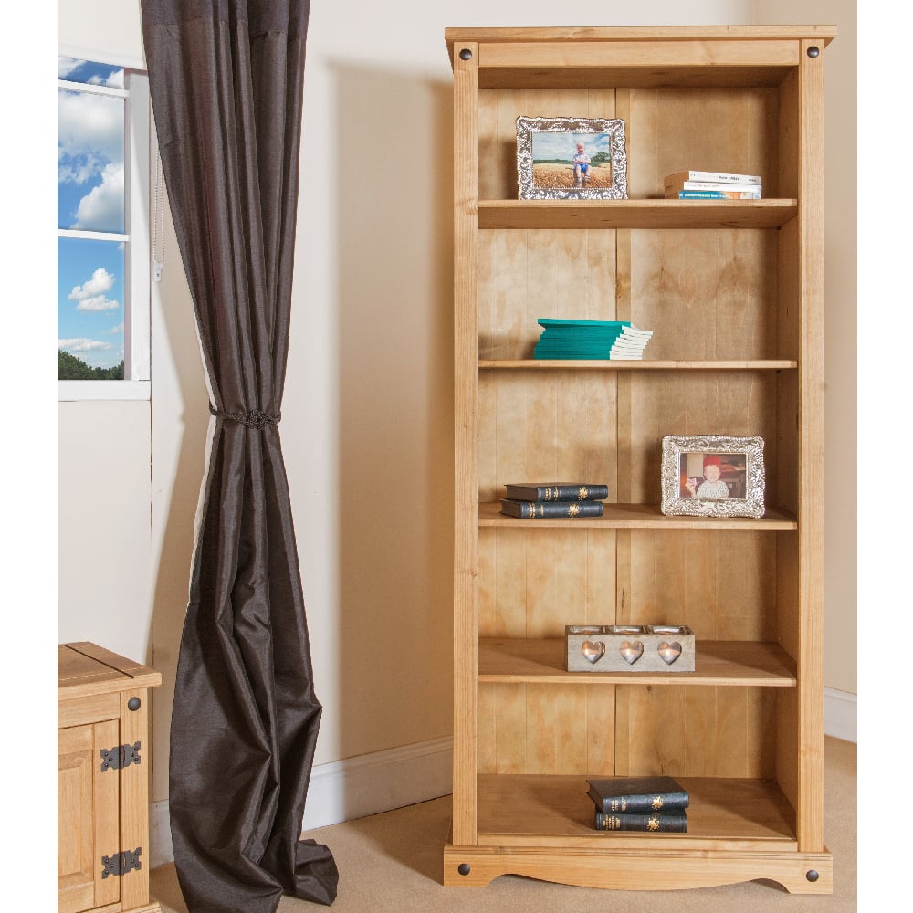 Read more about Consett wooden wide bookcase with 5 shelves in oak