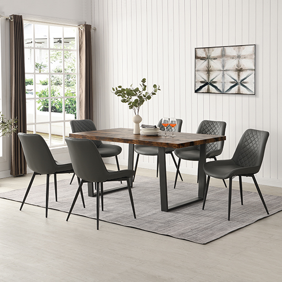 Constable Rustic Oak Wooden Dining Table With 6 Grey Chairs