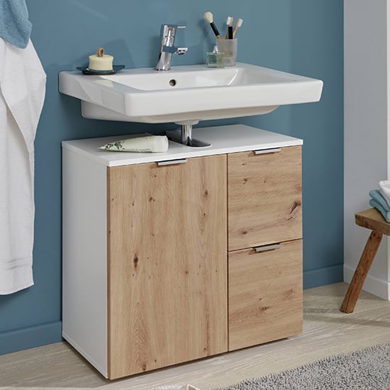 Read more about Coone vanity unit in white high gloss and knotty oak