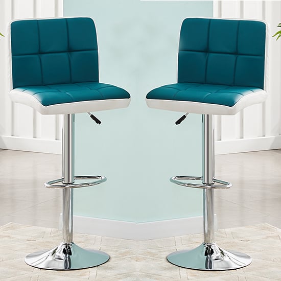 Read more about Copez teal and white faux leather bar stools in pair