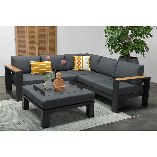 Product photograph of Cora Corner Sofa And Ottoman In Dark Grey With Charcoal Frame from Furniture in Fashion
