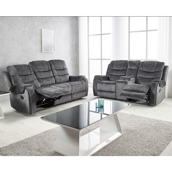 Cora Velvet Recliner 3 Seater Sofa In Dark Grey