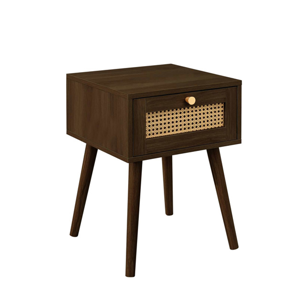 Coralie Wooden Bedside Cabinet with 1 Rattan Drawer in Walnut