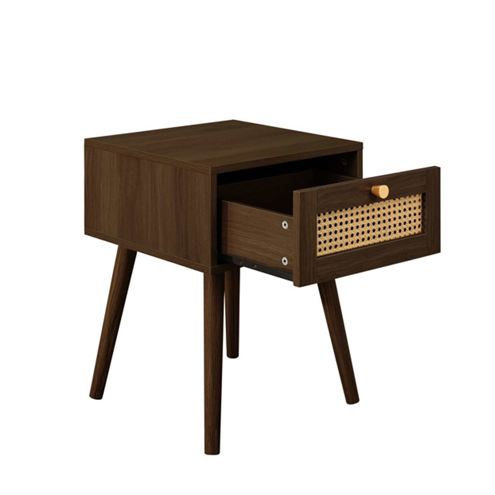 Coralie Wooden Bedside Cabinet with 1 Rattan Drawer in Walnut