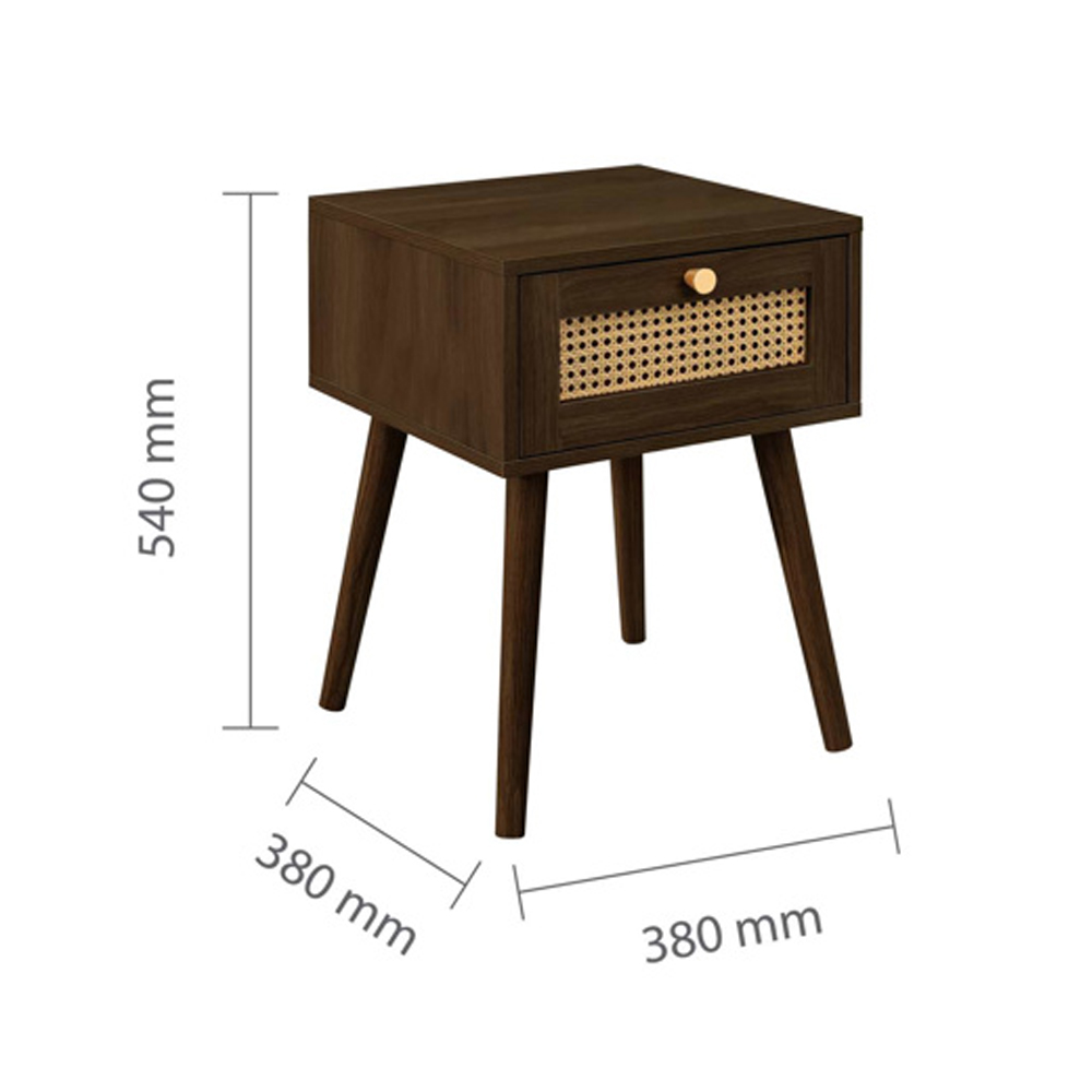 Coralie Wooden Bedside Cabinet with 1 Rattan Drawer in Walnut