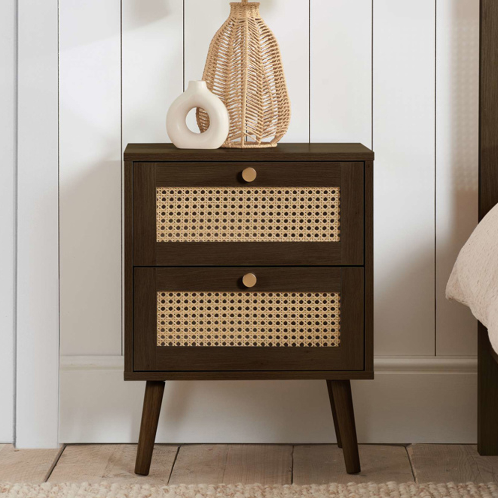 Coralie Wooden Bedside Cabinet with 2 Rattan Drawers in Walnut