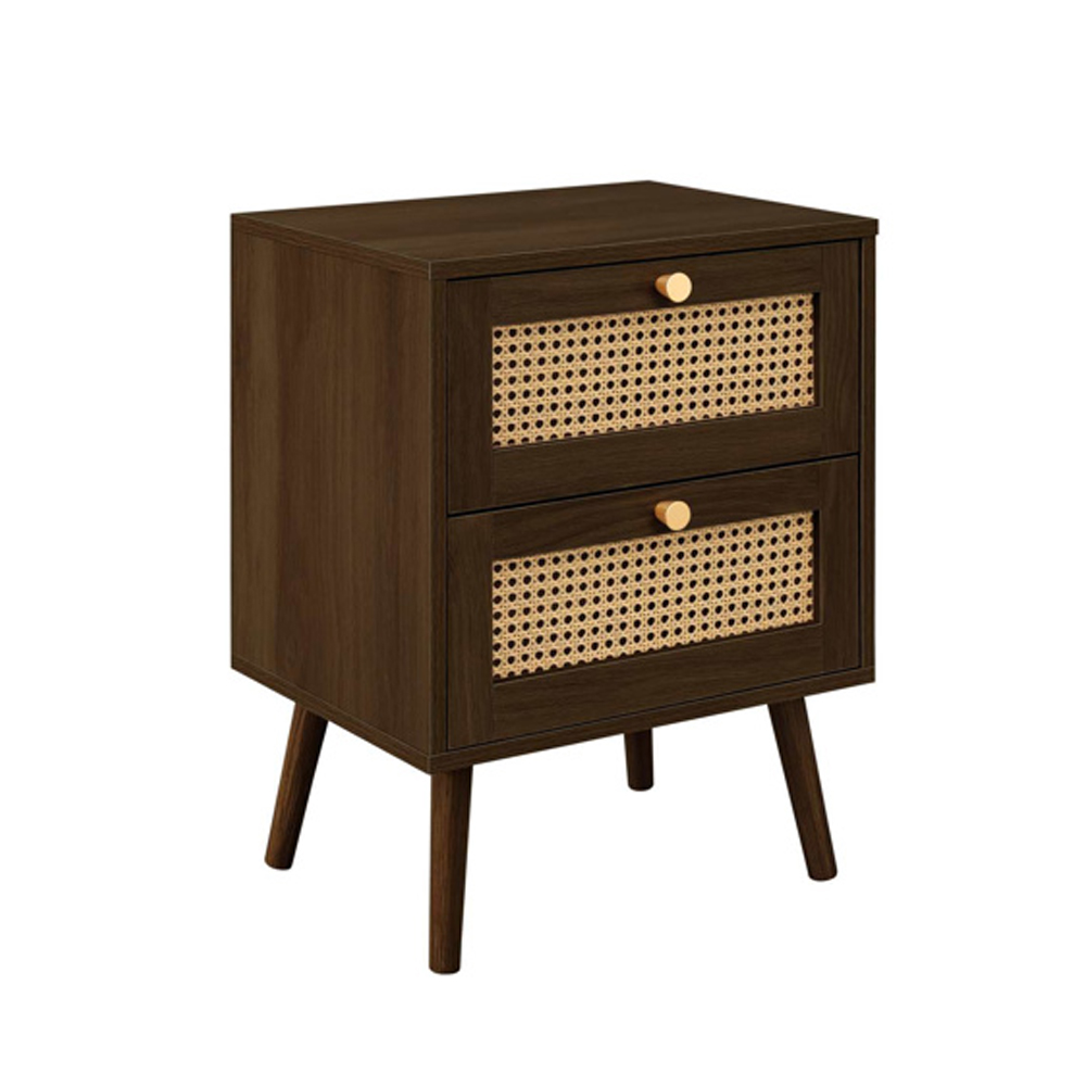 Coralie Wooden Bedside Cabinet with 2 Rattan Drawers in Walnut