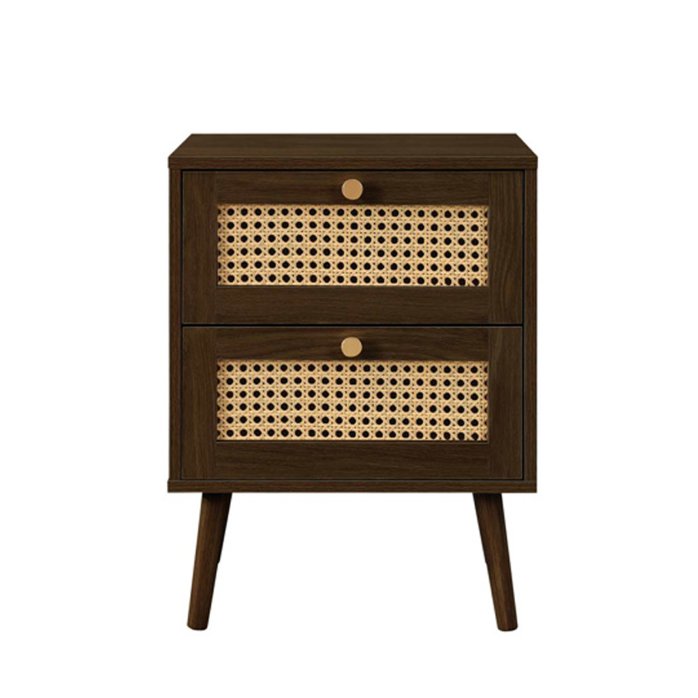Coralie Wooden Bedside Cabinet with 2 Rattan Drawers in Walnut
