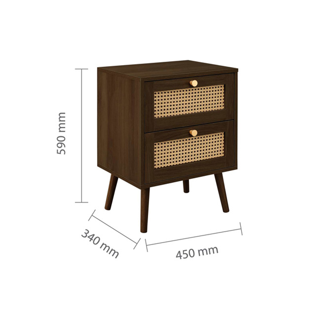 Coralie Wooden Bedside Cabinet with 2 Rattan Drawers in Walnut