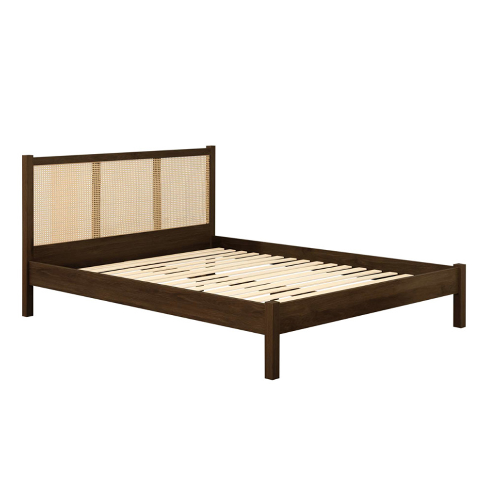 Coralie Wooden Double Bed with Rattan Headboard in Walnut