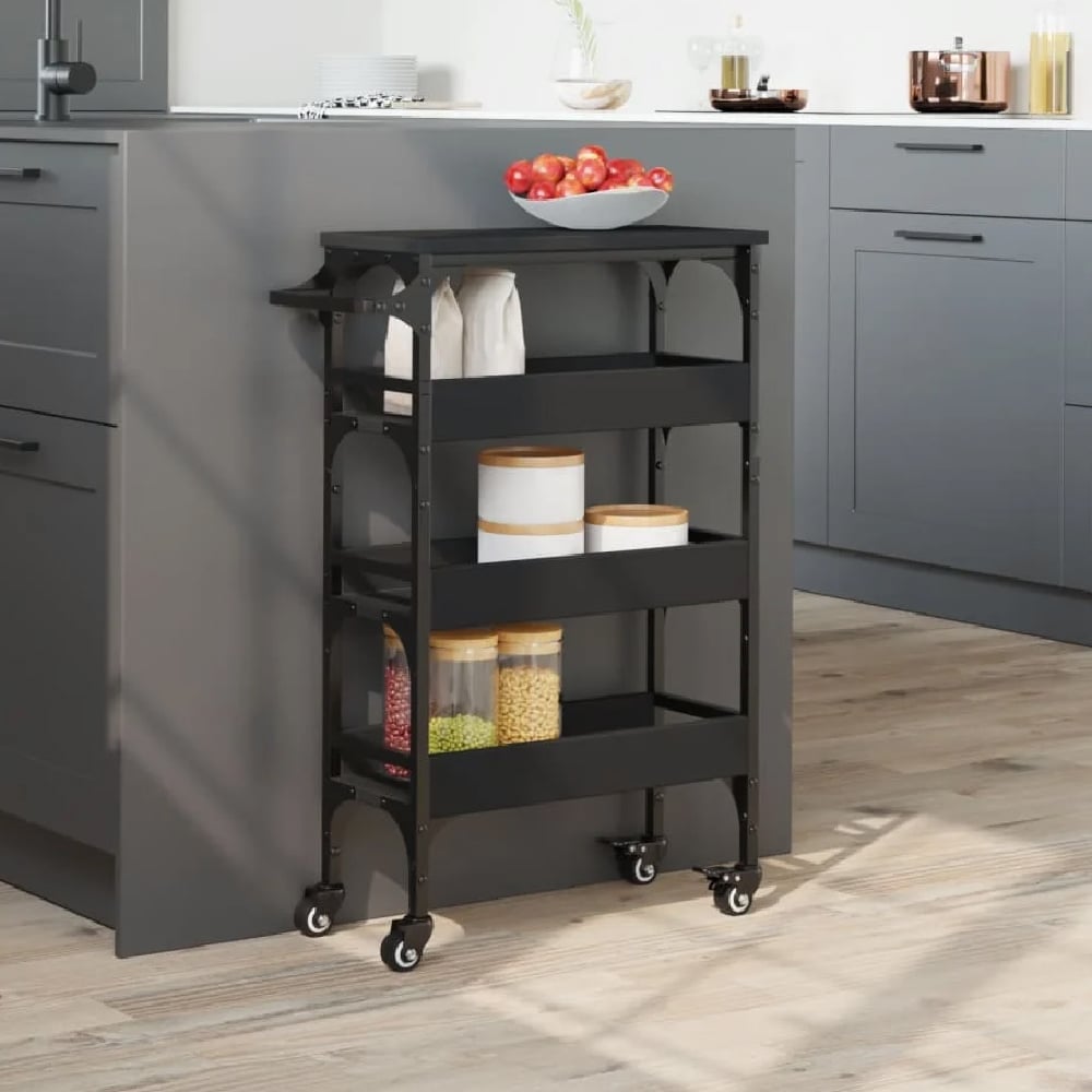 Read more about Coralville wooden kitchen trolley with 3 shelves in black