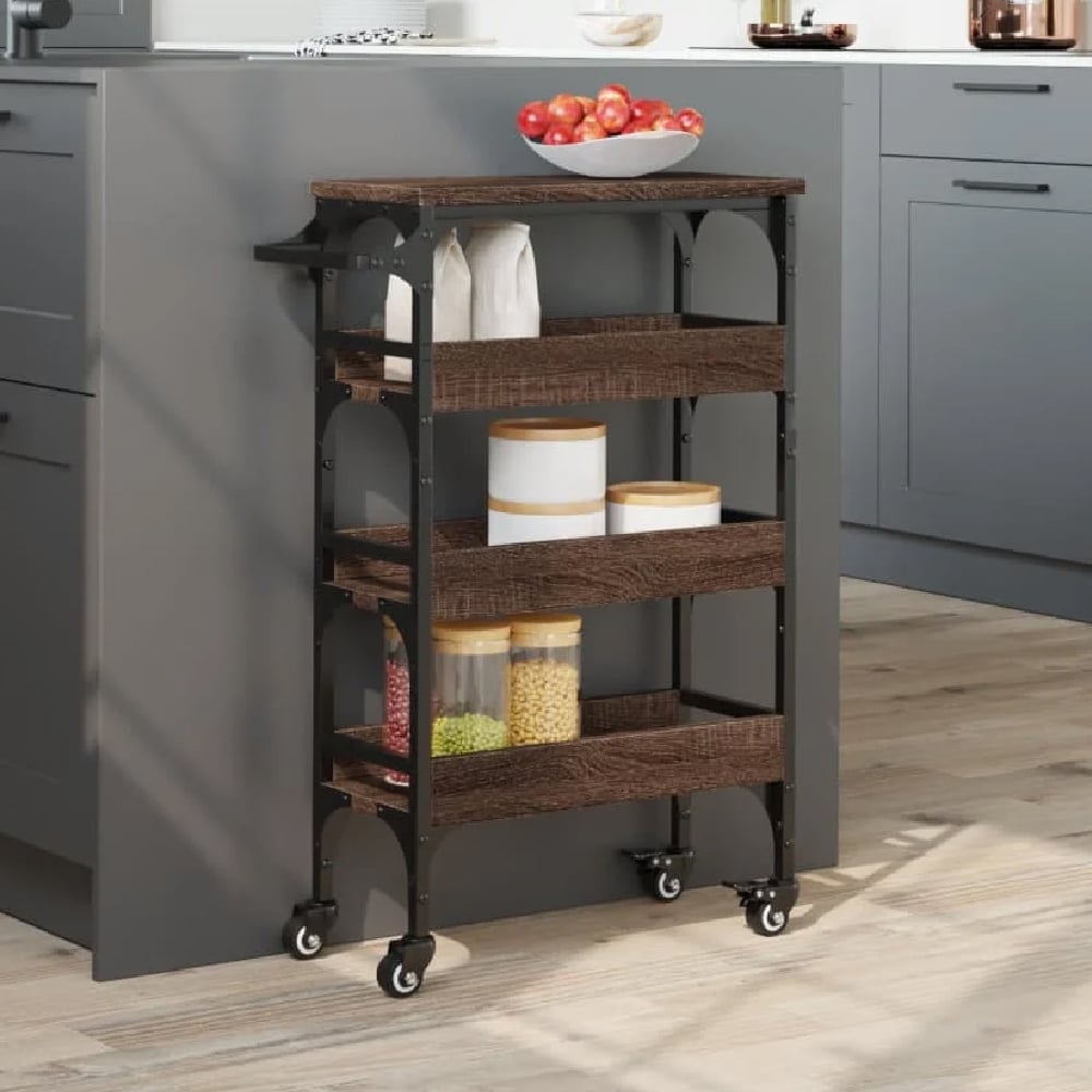 Read more about Coralville wooden kitchen trolley with 3 shelves in brown oak