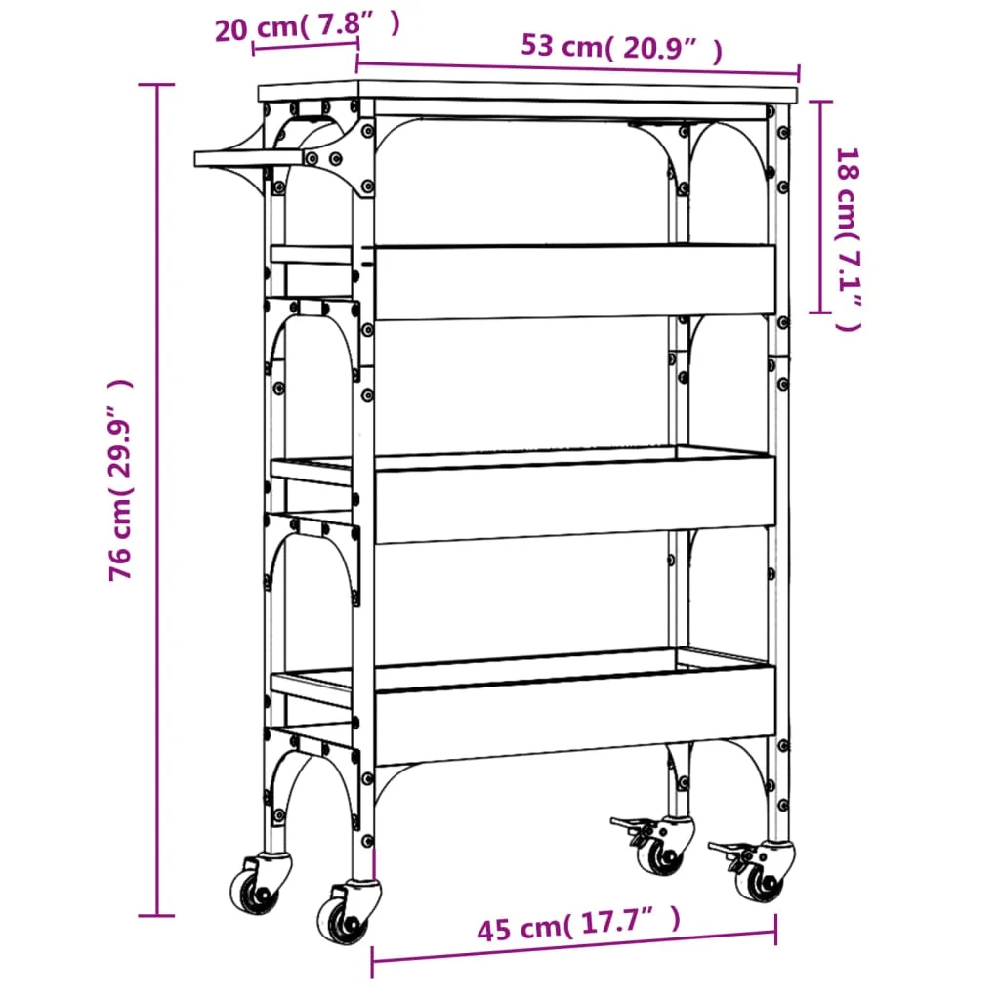 Coralville Wooden Kitchen Trolley With 3 Shelves In Grey Sonoma