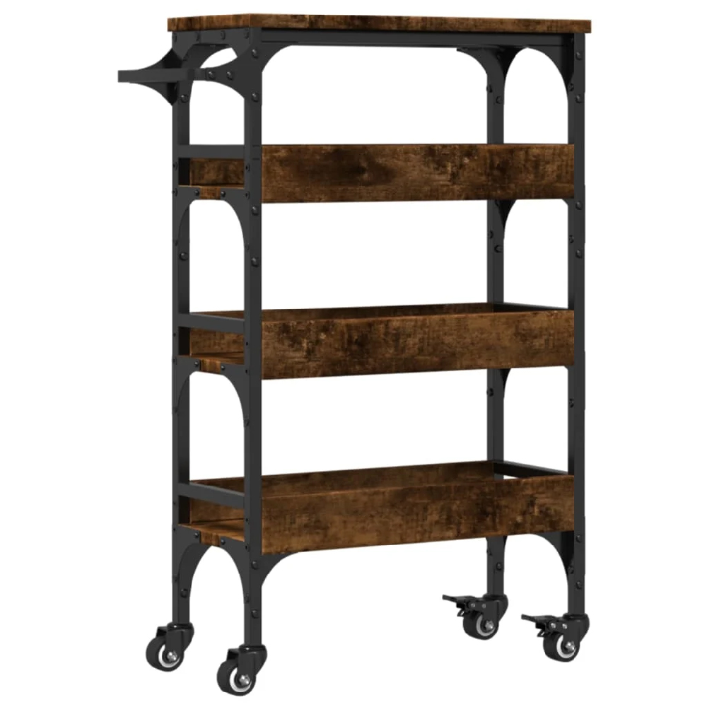 Coralville Wooden Kitchen Trolley With 3 Shelves In Smoked Oak