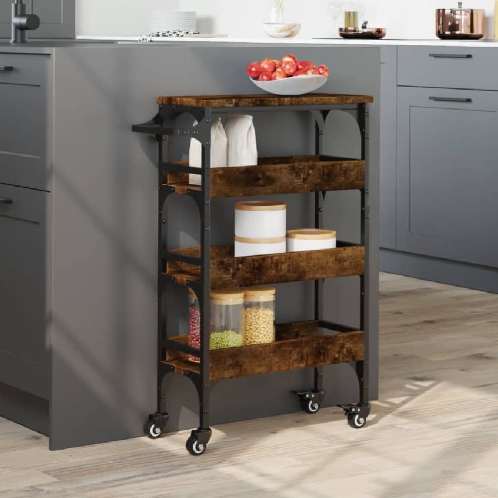 Read more about Coralville wooden kitchen trolley with 3 shelves in smoked oak