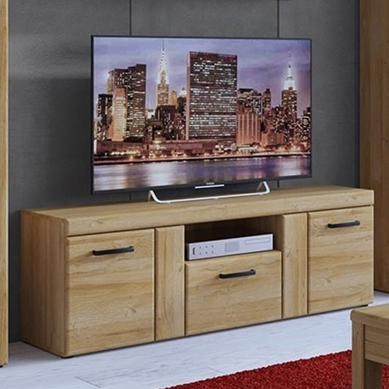 Product photograph of Corco Wooden 2 Door 1 Drawer Tall Tv Stand In Grandson Oak from Furniture in Fashion