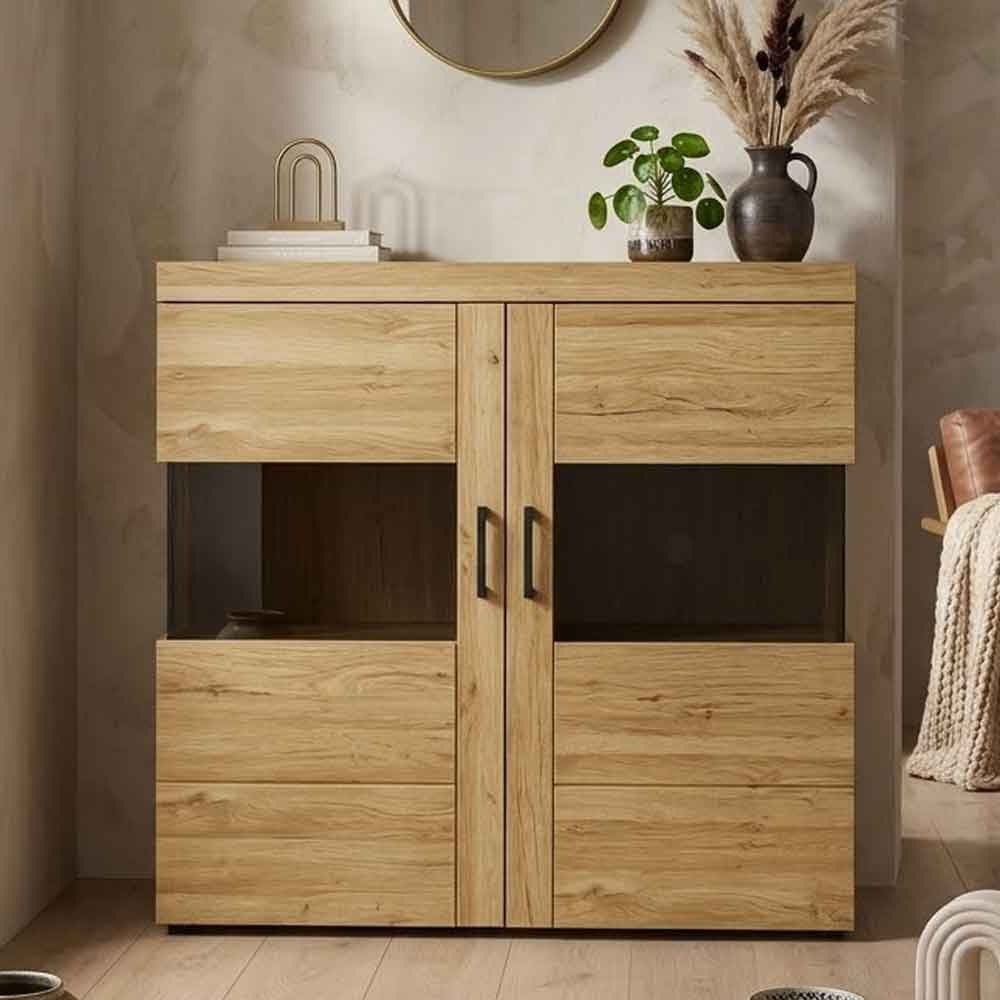 Corco Wide Wooden Display Cabinet with 2 Doors in Grandson Oak