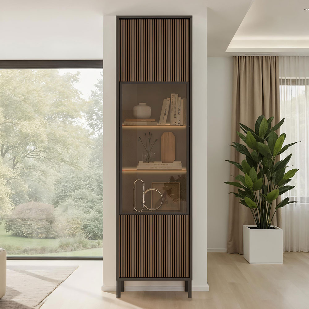 Cordina Tall Wooden Display Cabinet in Lava and Mercure with LED