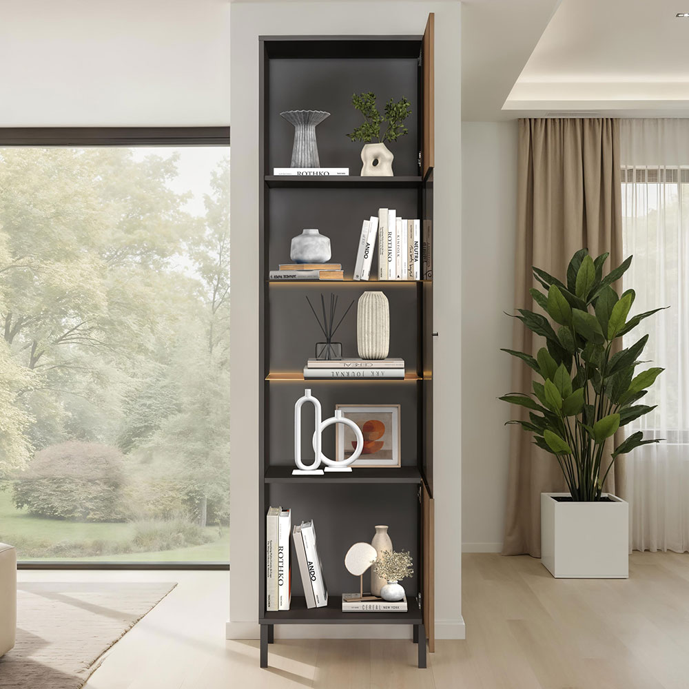 Cordina Tall Wooden Display Cabinet in Lava and Mercure with LED