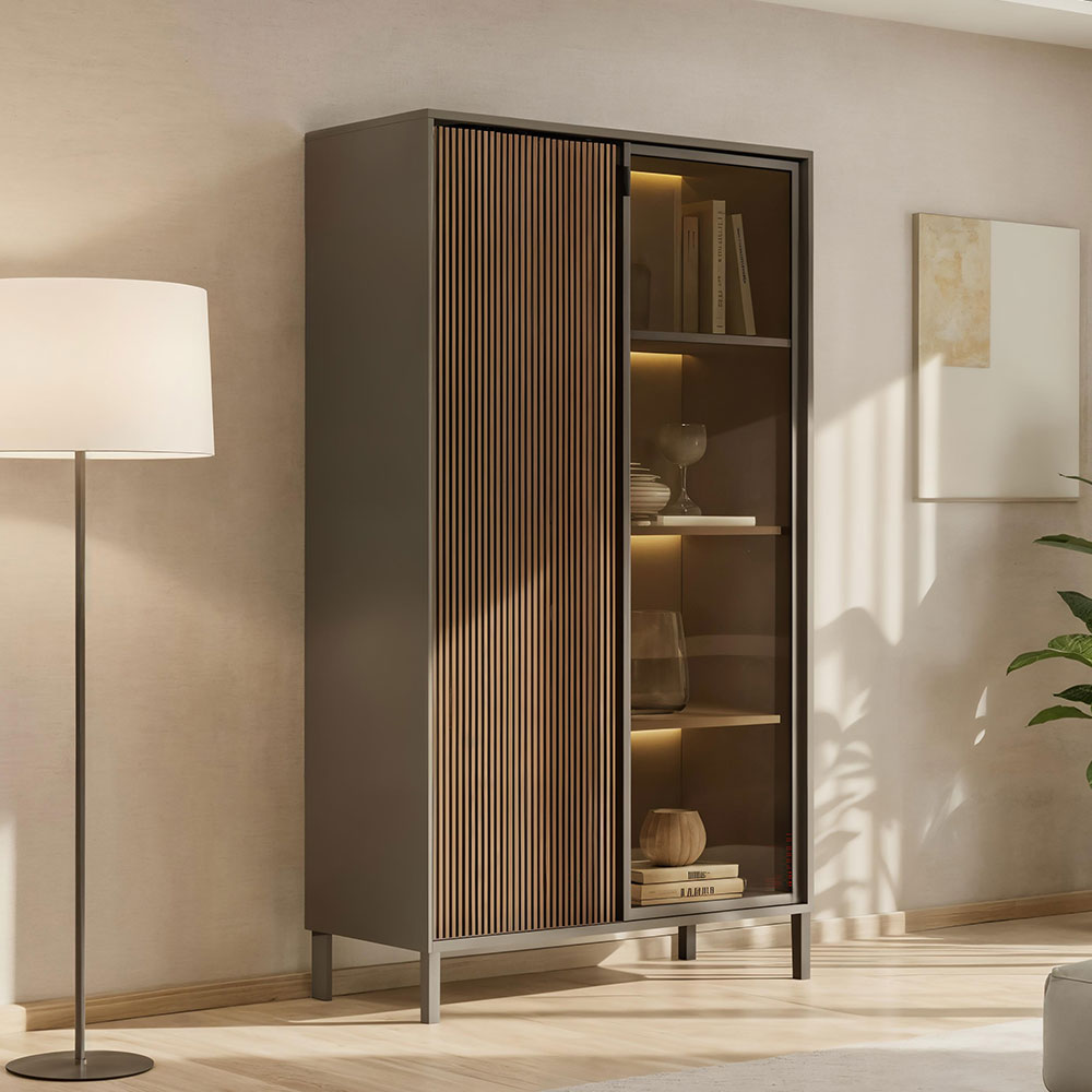 Cordina Wooden Display Cabinet in Lava and Mercure with LED