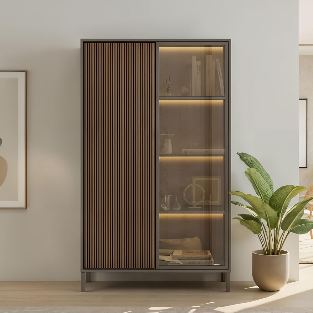 Cordina Wooden Display Cabinet in Lava and Mercure with LED
