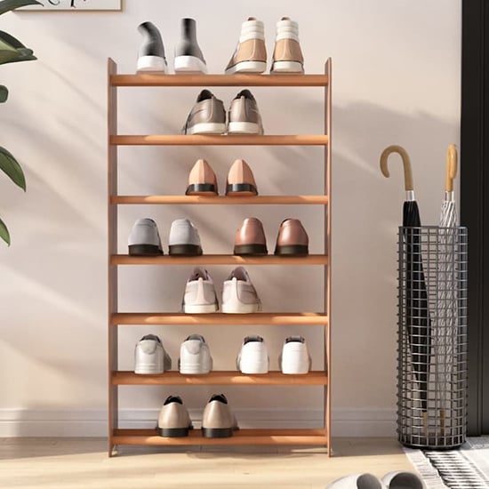 Product photograph of Cordova 7 Tier Wide Wooden Shoe Storage Rack In Brown from Furniture in Fashion