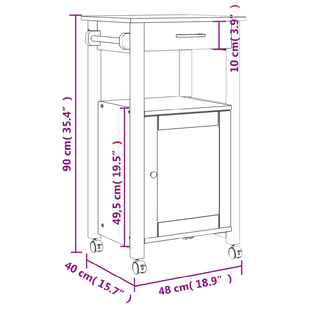 Cordova Wooden Kitchen Trolley With 1 Door 1 Drawer In Brown
