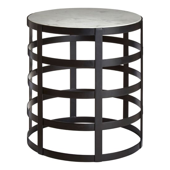 Product photograph of Coreca Round White Marble Top Side Table With Black Grid Frame from Furniture in Fashion