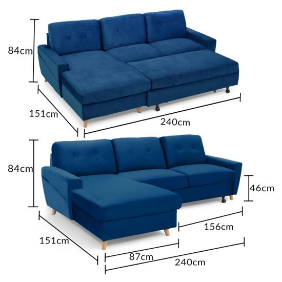 Coreen Velvet Left Hand Facing Chaise Sofa Bed In Blue_7