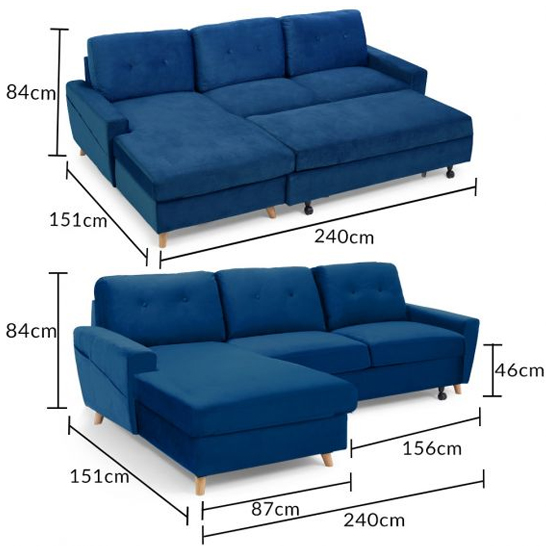 Coreen Velvet Right Hand Facing Chaise Sofa Bed In Blue_7