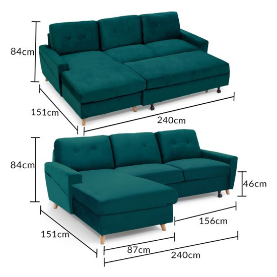 Coreen Velvet Right Hand Facing Chaise Sofa Bed In Green_6