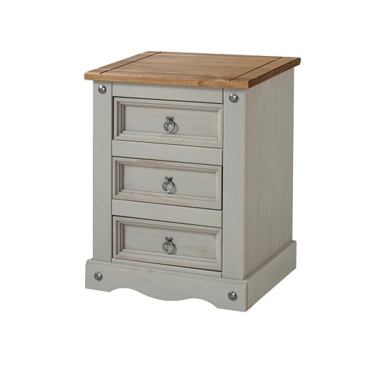 Photo of Consett bedside cabinet in grey washed wax with three drawers